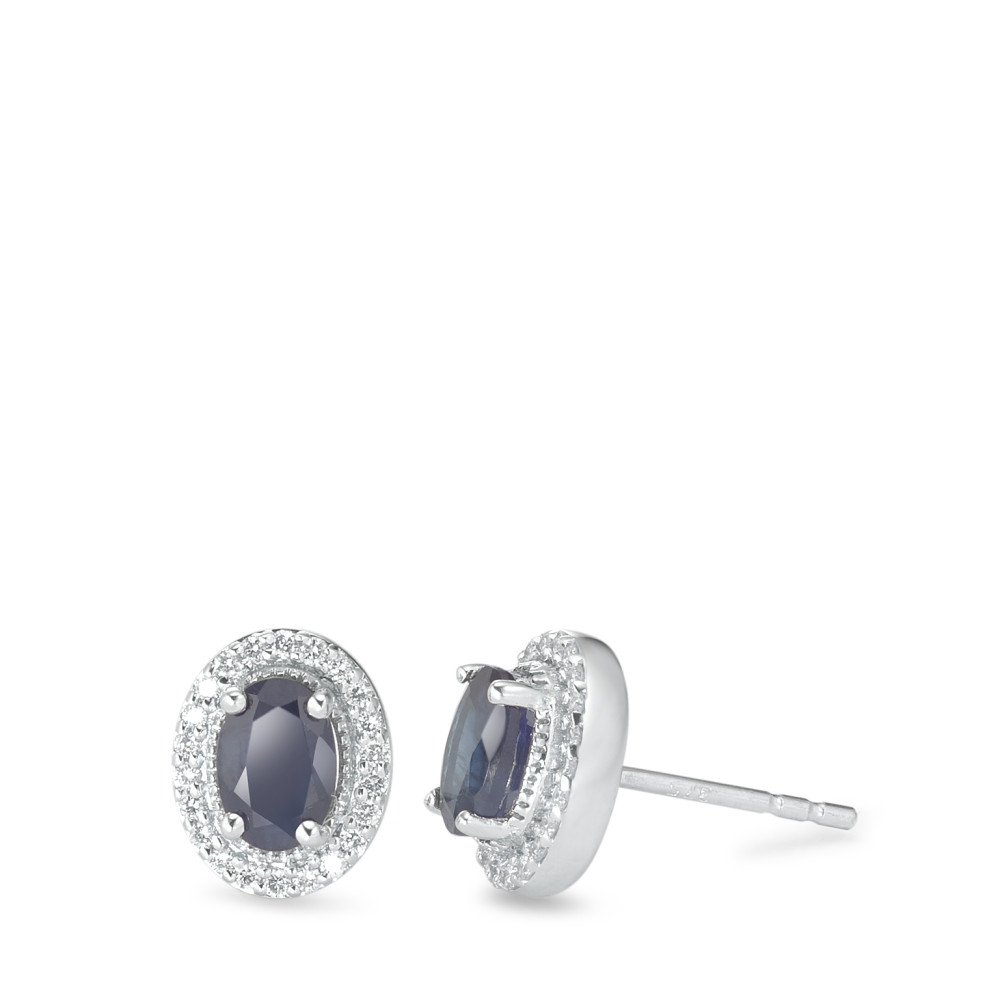 Clous d'oreilles Or blanc 9K Saphir bleu, 1.29 ct, ovale, Diamant blanc, 0.18 ct, 12 Pierres, w-pi3-588761