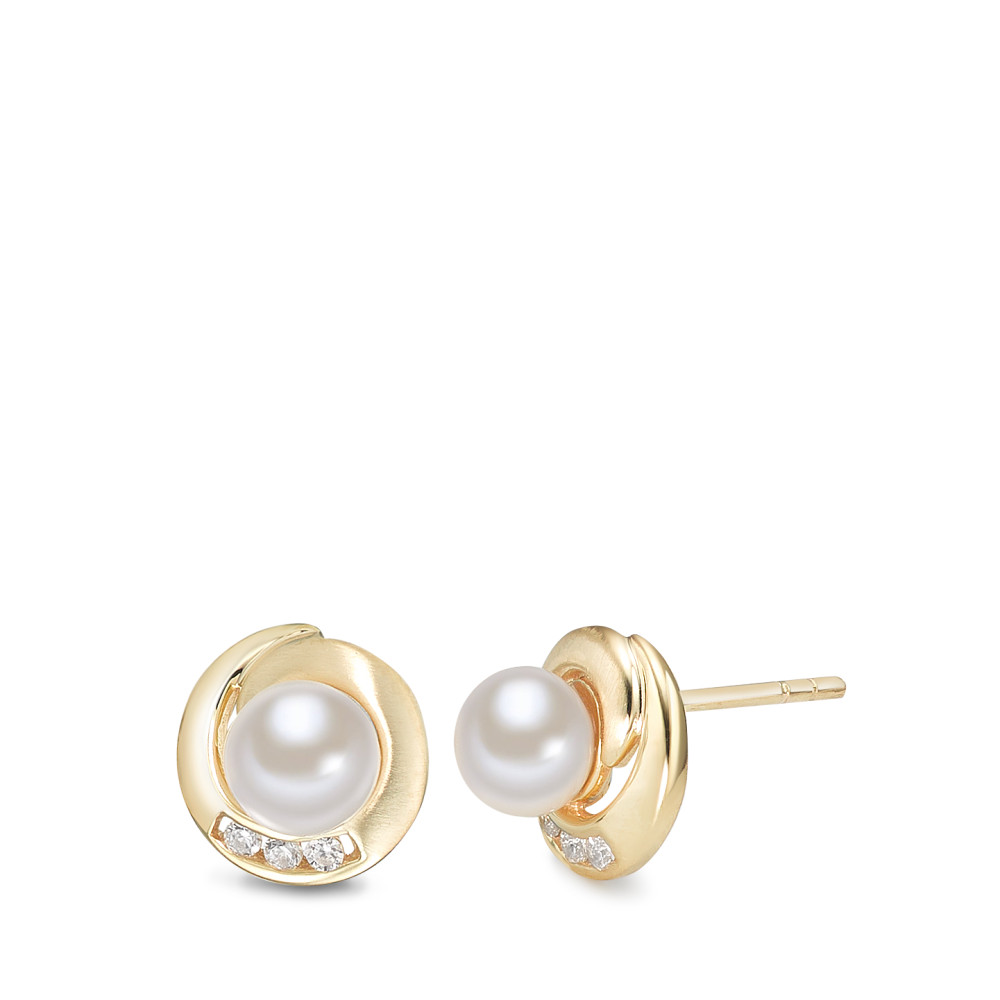Clous d'oreilles Or jaune 9K Zircone 6 Pierres perle d'eau douce blanc, 2 Perles, 5.5 mm Ø9.5 mm-588826