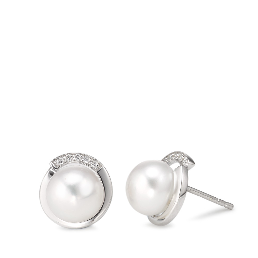 Clous d'oreilles Or blanc 9K Zircone 10 Pierres perle d'eau douce blanc, 2 Perles, 8 mm Ø11 mm-588853