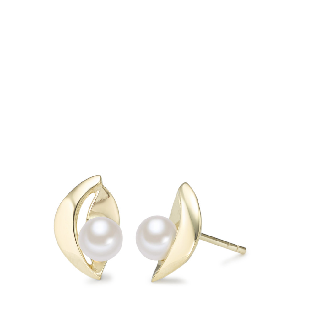 Clous d'oreilles Or jaune 9K perle d'eau douce blanc, 2 Perles, 5 mm-588858