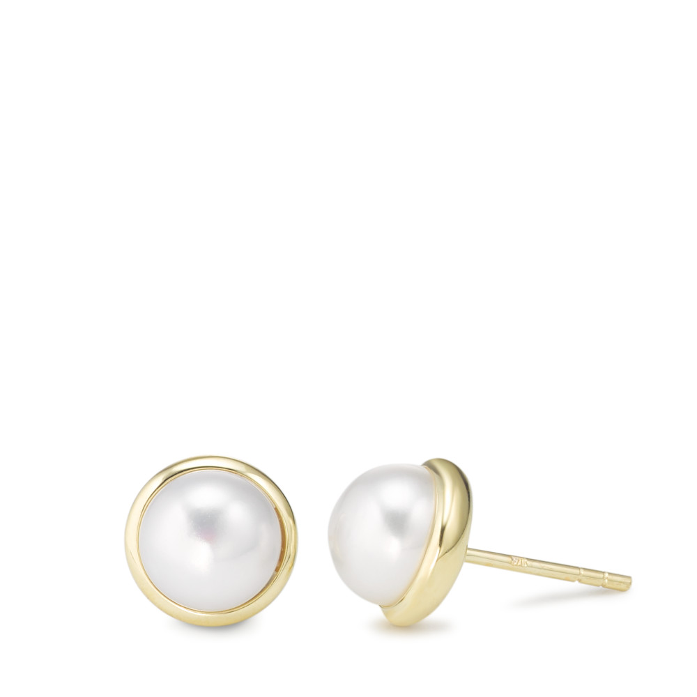 Clous d'oreilles Or jaune 9K perle d'eau douce blanc, 2 Perles, 7.5 mm Ø9 mm-588859