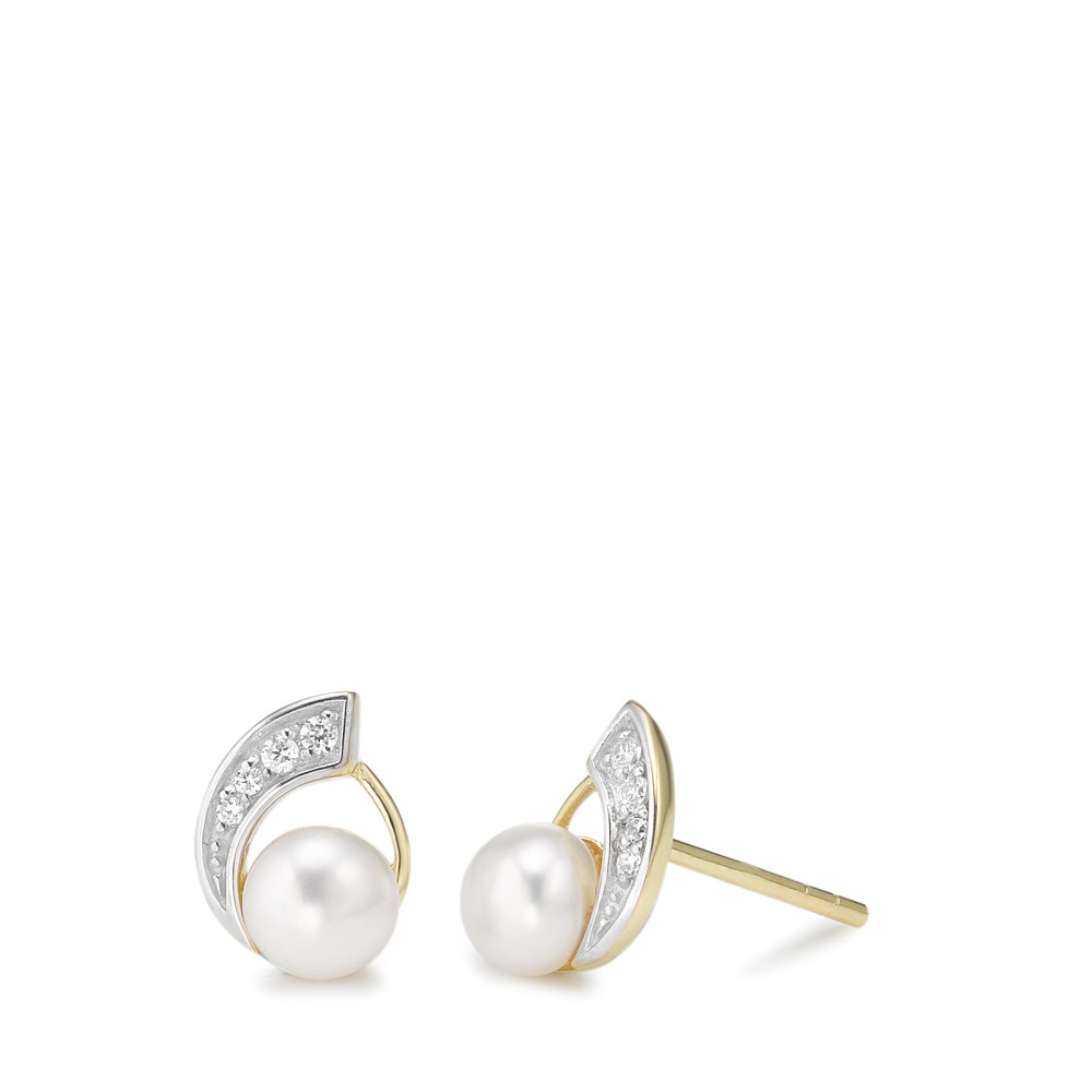 Clous d'oreilles Or jaune 9K Zircone 8 Pierres perle d'eau douce blanc, 2 Perles, 5 mm-588860