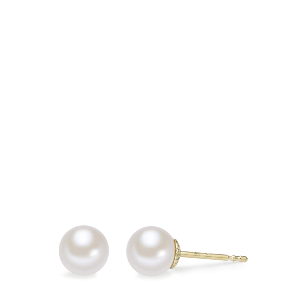 Clous d'oreilles Or jaune 14K perle d'eau douce blanc, 2 Perles, 6 mm-588870