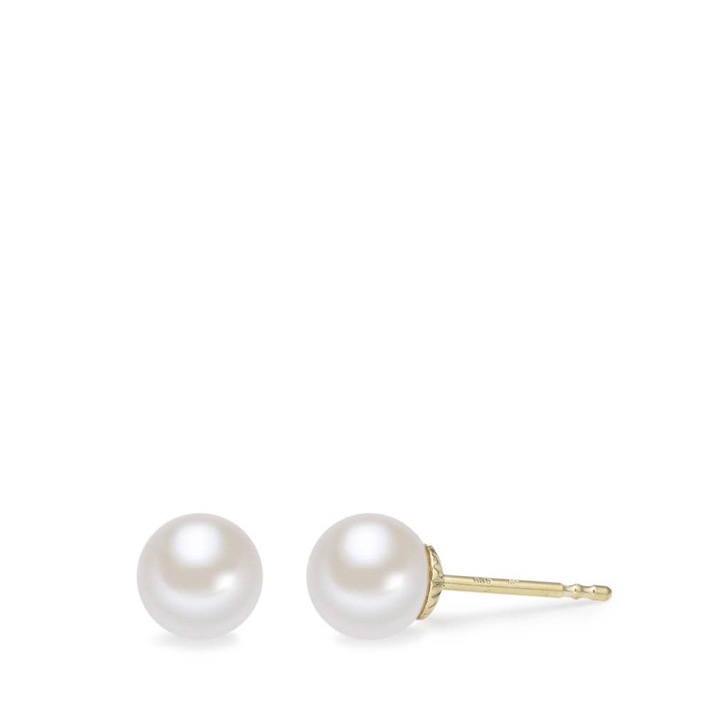 Clous d'oreilles Or jaune 14K perle d'eau douce blanc, 2 Perles, 6.5 mm-588871