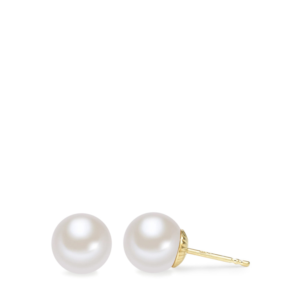 Clous d'oreilles Or jaune 14K perle d'eau douce blanc, 2 Perles, 7 mm-588872