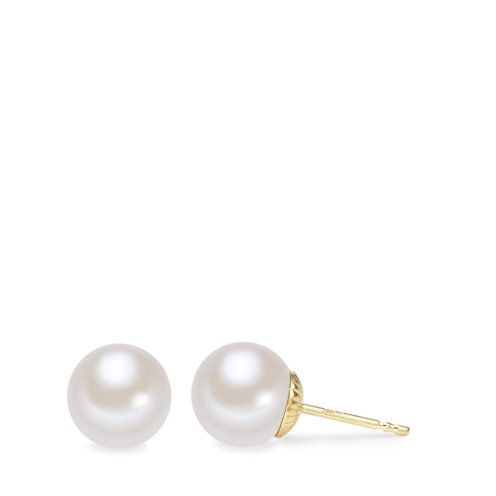 Clous d'oreilles Or jaune 14K perle d'eau douce blanc, 2 Perles, 7.5 mm-588873