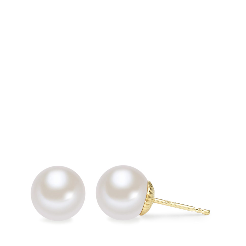 Clous d'oreilles Or jaune 14K perle d'eau douce blanc, 2 Perles, 8 mm-588874