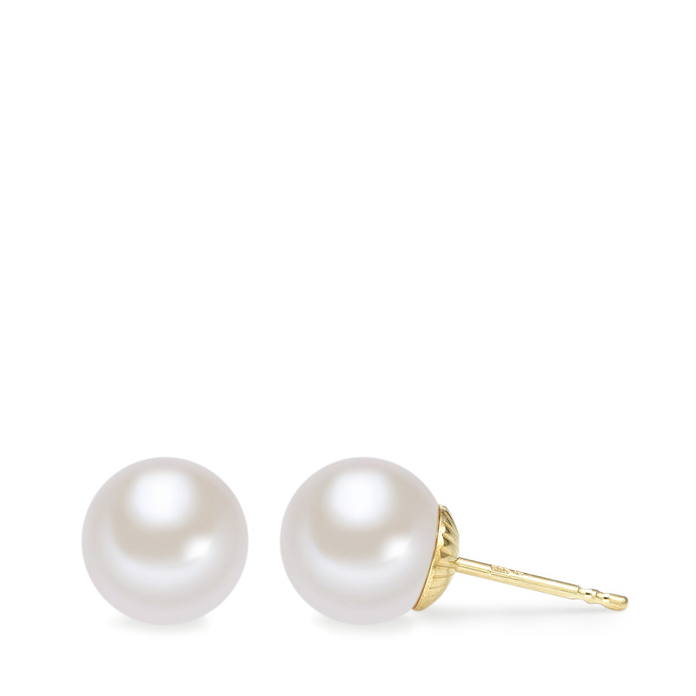 Clous d'oreilles Or jaune 14K perle d'eau douce blanc, 2 Perles, 8.5 mm-588875
