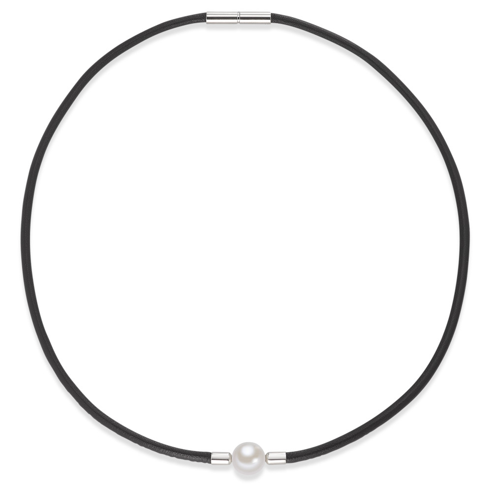 Collier Cuir, Acier inoxydable perle d'eau douce blanc, 9.5 mm 45 cm Ø3 mm-589011
