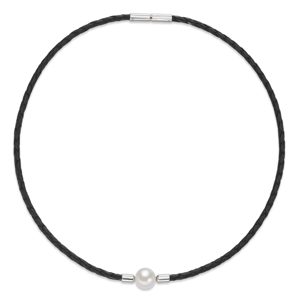 Collier Cuir, Acier inoxydable perle d'eau douce blanc, 9.5 mm 42 cm Ø3 mm-589012