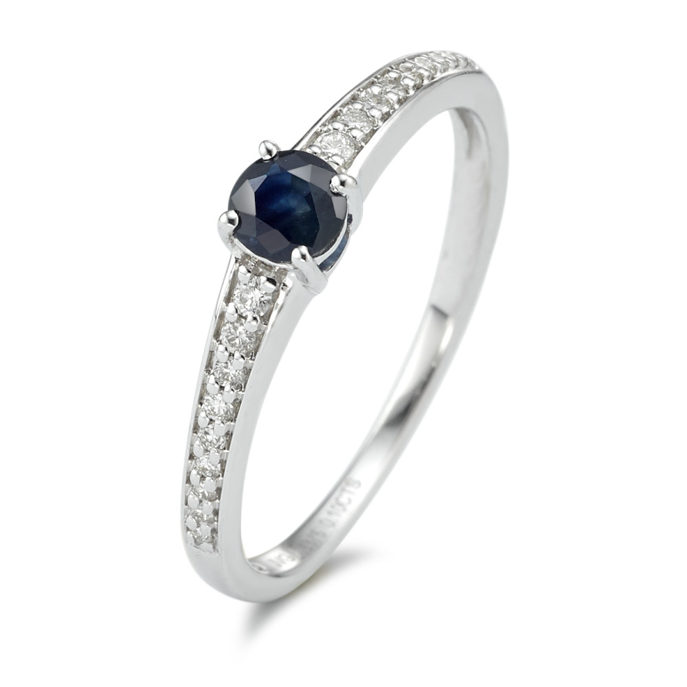 Bague Or blanc 9K Saphir bleu, Diamant blanc, 0.10 ct, 18 Pierres, w-pi1-589299