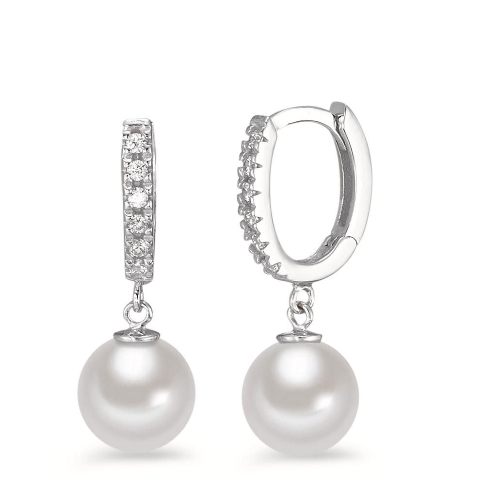 Pendant d'oreilles Or blanc 18K Zircone 12 Pierres perle d'eau douce blanc, 2 Perles, 6.5 mm-590565