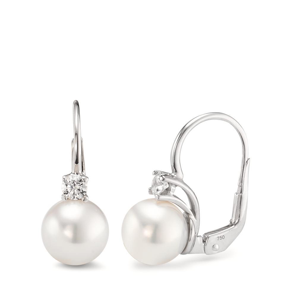 Pendant d'oreilles Or blanc 18K Zircone 2 Pierres perle d'eau douce blanc, 2 Perles, 7.5 mm-590569