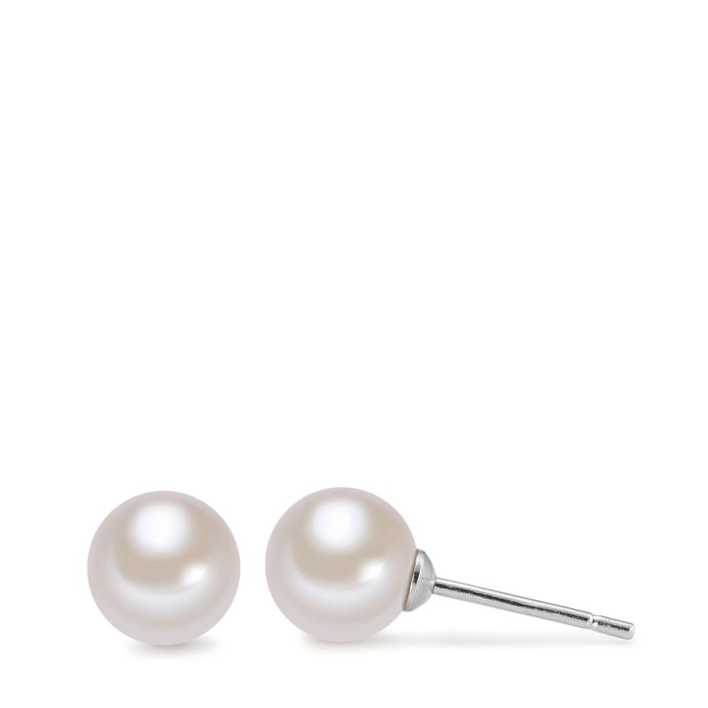 Clous d'oreilles Or blanc 18K perle d'eau douce blanc, 2 Perles, 6.5 mm-590570