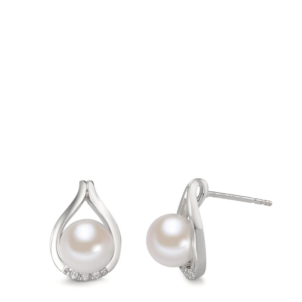 Pendant d'oreilles Or blanc 18K Diamant 0.03 ct, 6 Pierres, w-si perle d'eau douce blanc, 2 Perles, 7.5 mm-590810