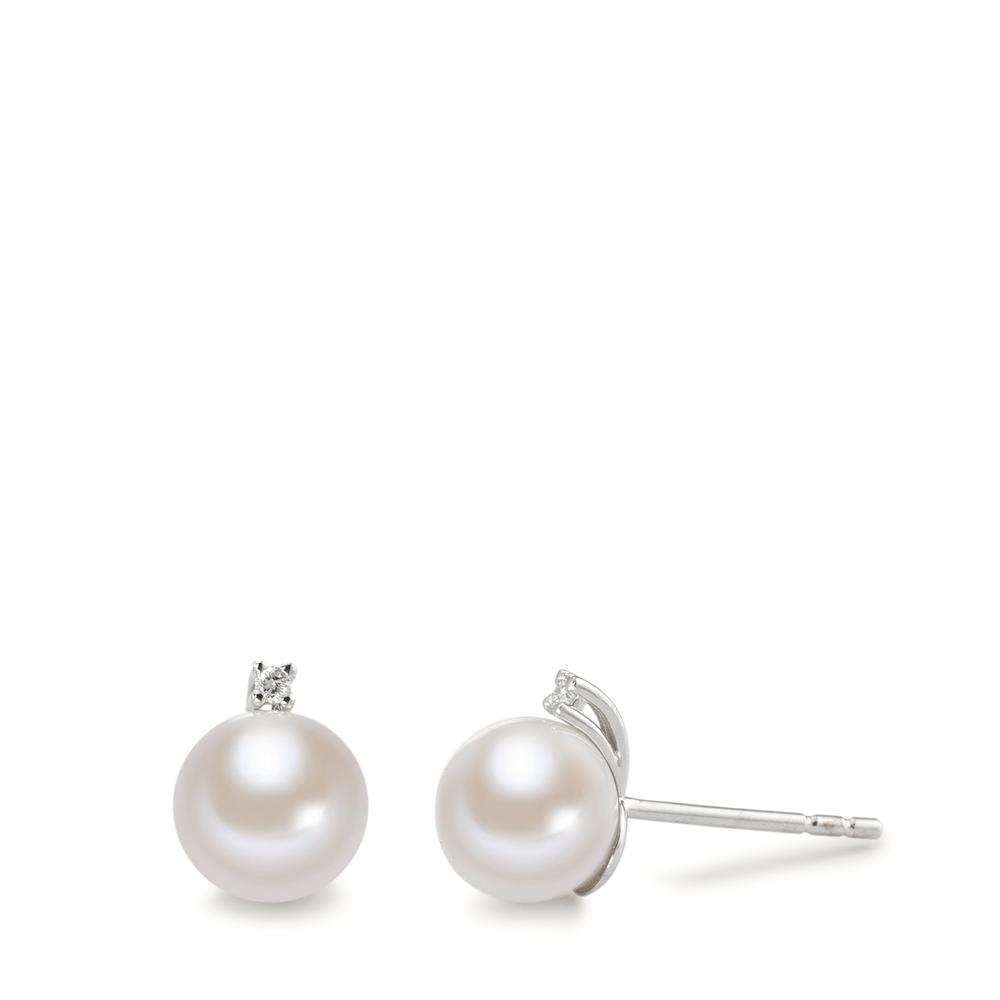 Clous d'oreilles Or blanc 18K Diamant 0.02 ct, 2 Pierres, w-si perle d'eau douce blanc, 2 Perles, 6.5 mm-590816