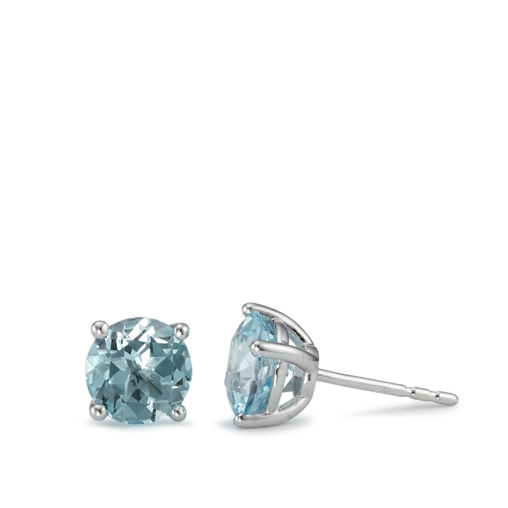 Clous d'oreilles Or blanc 18K Topaze bleu, 2 Pierres Ø7 mm-590852