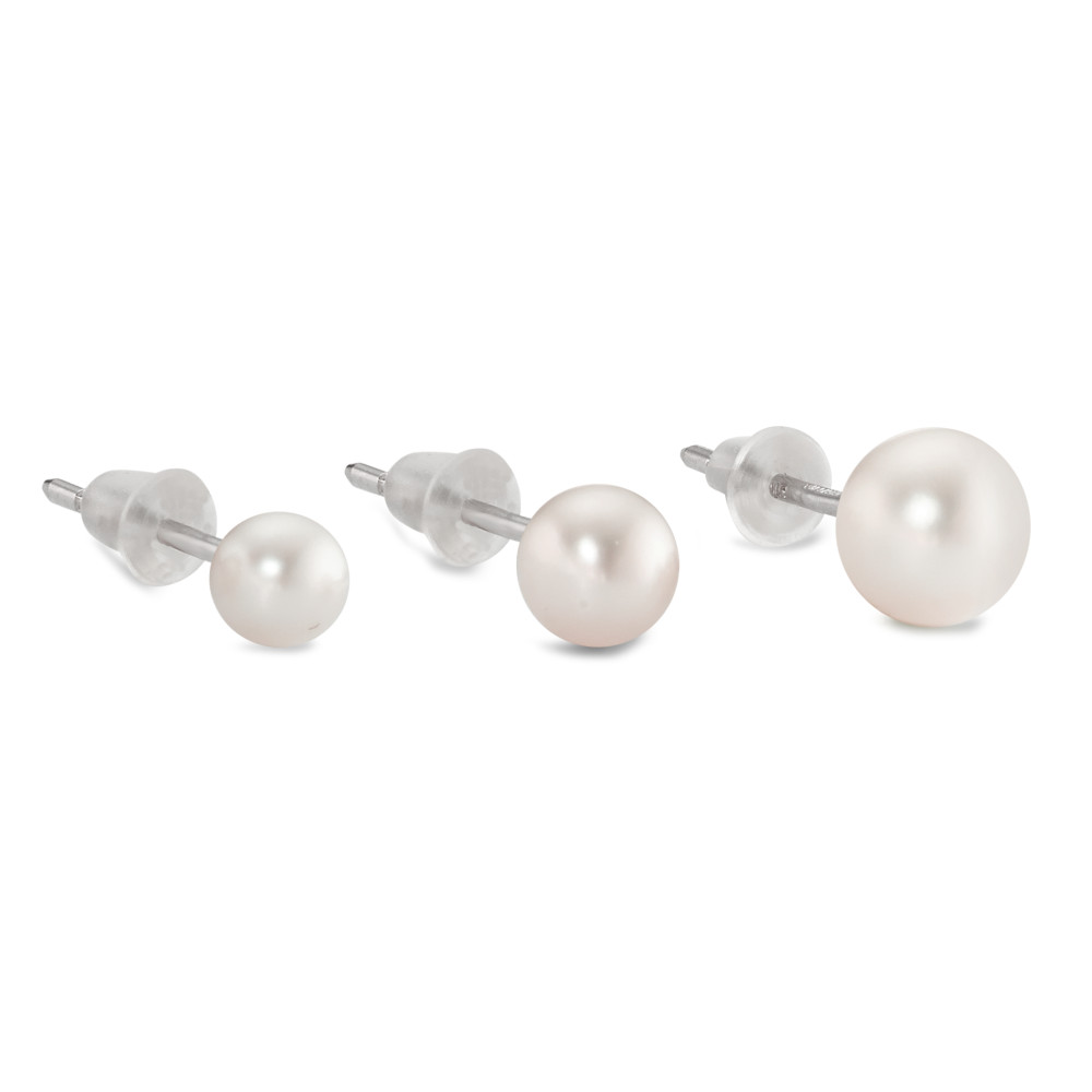 Clous d'oreilles Or blanc 18K perle d'eau douce blanc, 3 Perles 4-6 mm-590977