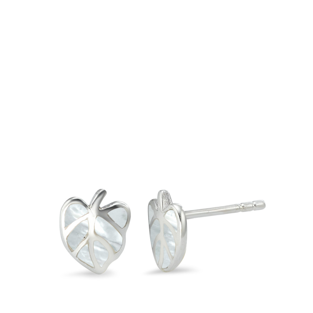 Clous d'oreilles Argent Rhodié nacre blanc Feuille Ø9 mm-591237
