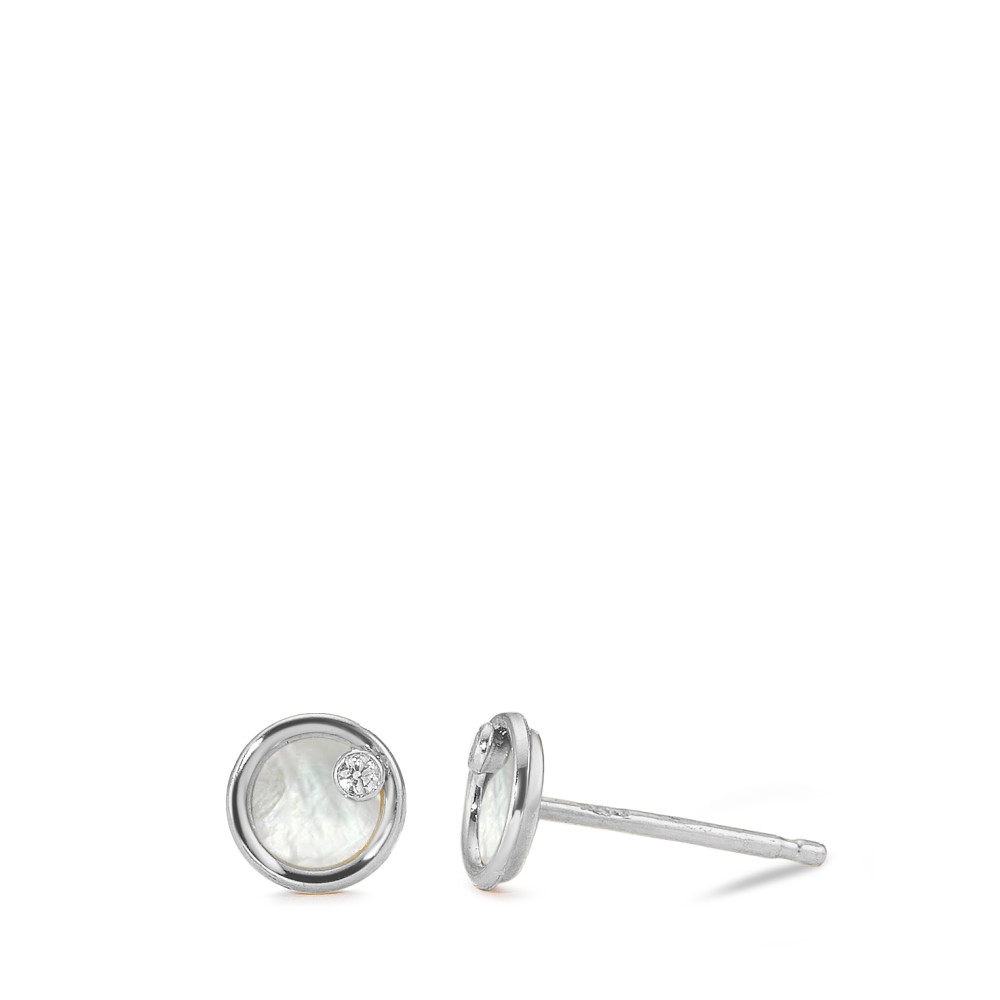 Clous d'oreilles Or blanc 14K Zircone 2 Pierres nacre blanc Ø5 mm-591959
