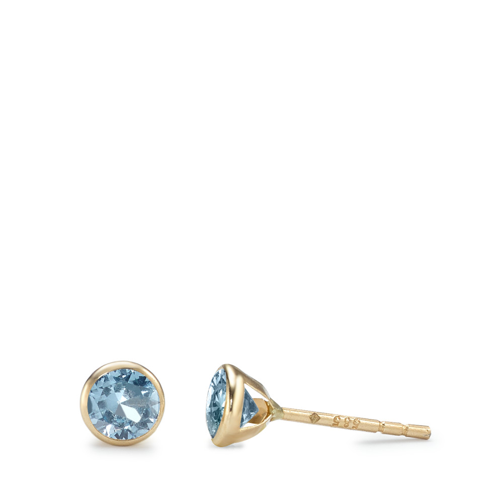Clous d'oreilles Or jaune 14K Zircone aqua, 2 Pierres Ø4.3 mm-592376