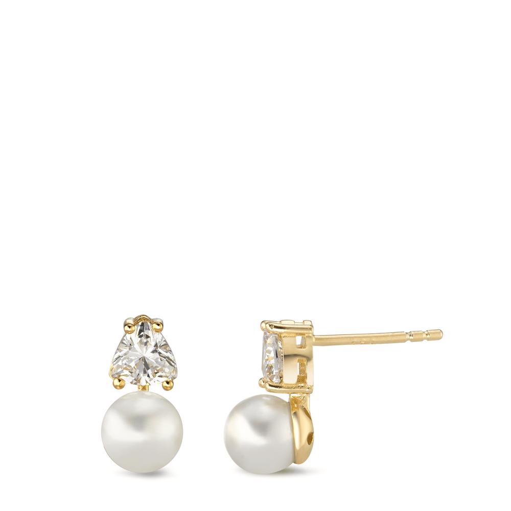 Clous d'oreilles Argent Zircone 2 Pierres jaune Plaqué or [shining Pearls] blanc, 2 Perles, 6 mm-593350