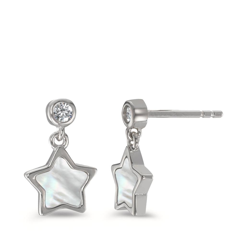 Pendant d'oreilles Argent Zircone 2 Pierres Rhodié nacre Étoile Ø8 mm-593417