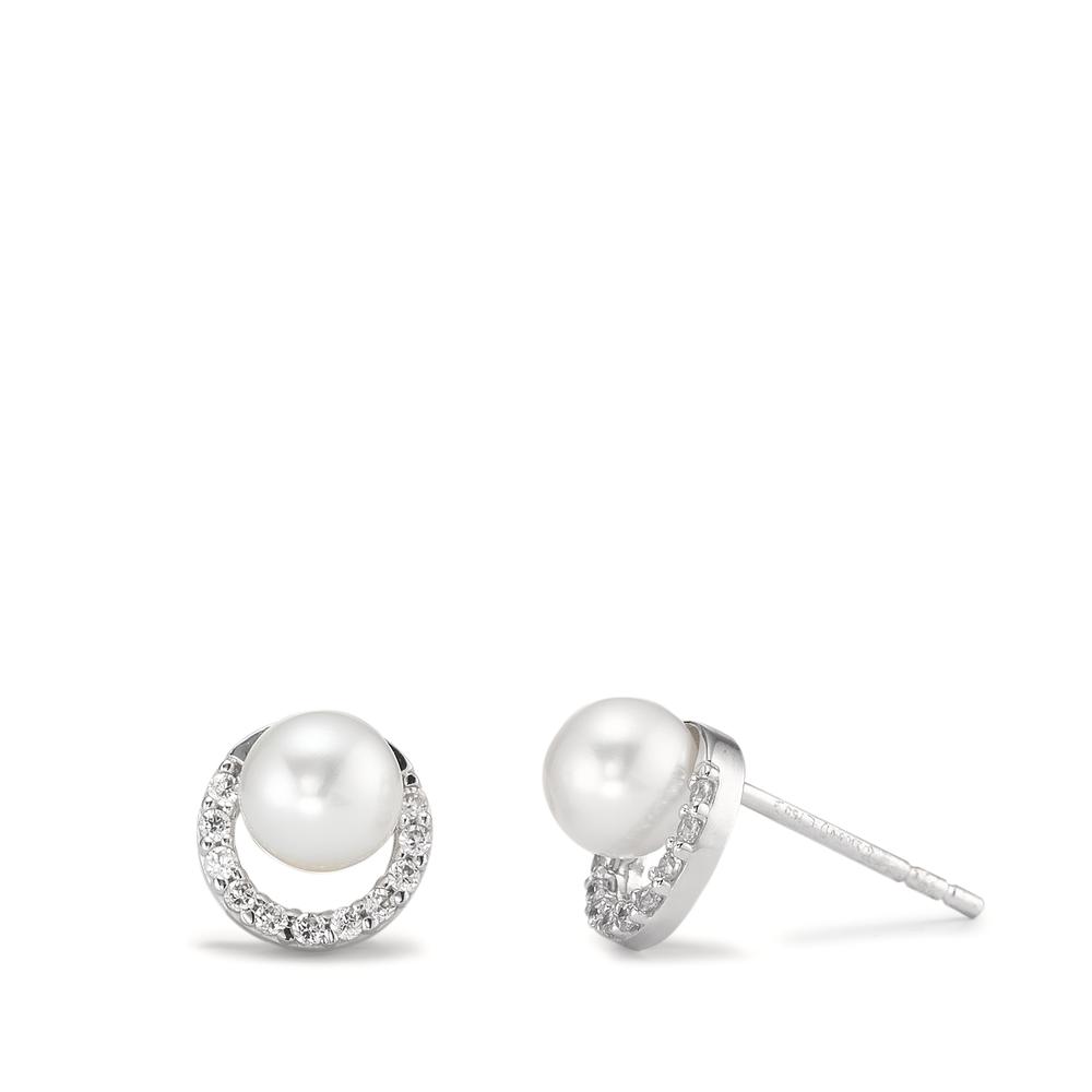 Clous d'oreilles Or blanc 18K Zircone perle d'eau douce blanc, 2 Perles, 5 mm Ø7.5 mm-593700