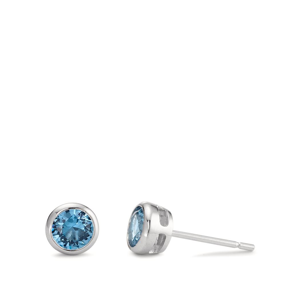 Clous d'oreilles Argent Zircone aqua, 2 Pierres Rhodié Ø6 mm-593836