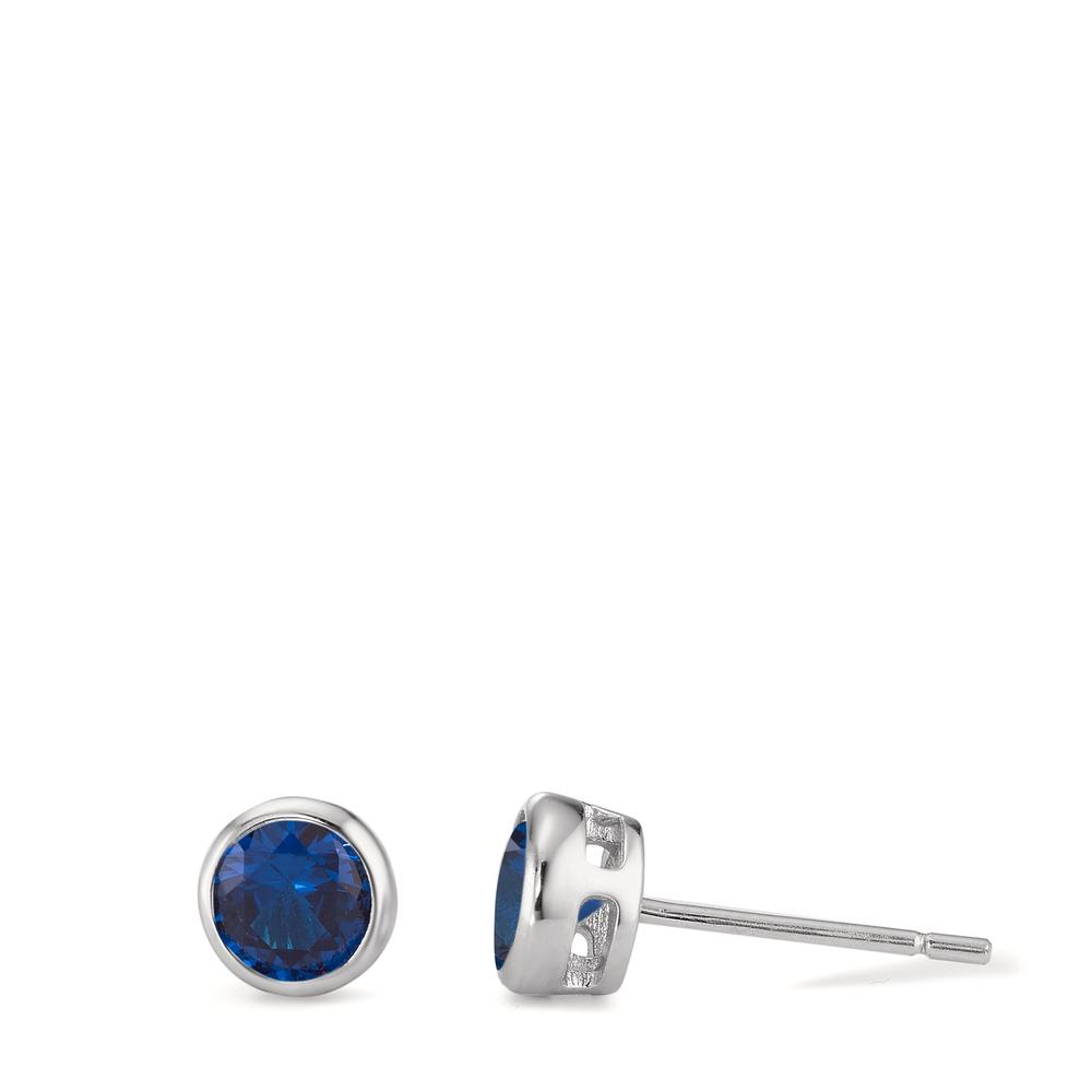Clous d'oreilles Argent Zircone bleu saphir, 2 Pierres Rhodié Ø6 mm-593839