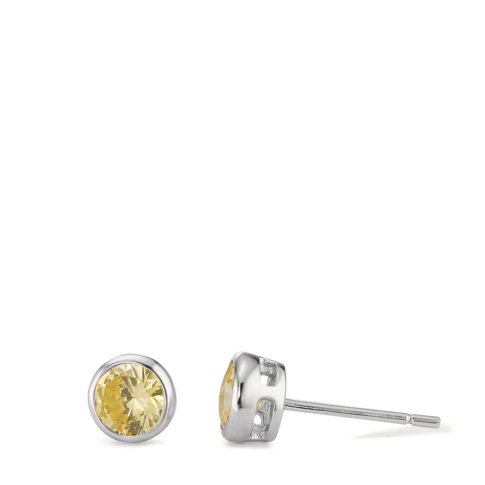 Clous d'oreilles Argent Zircone jaune, 2 Pierres Rhodié Ø6 mm-593841