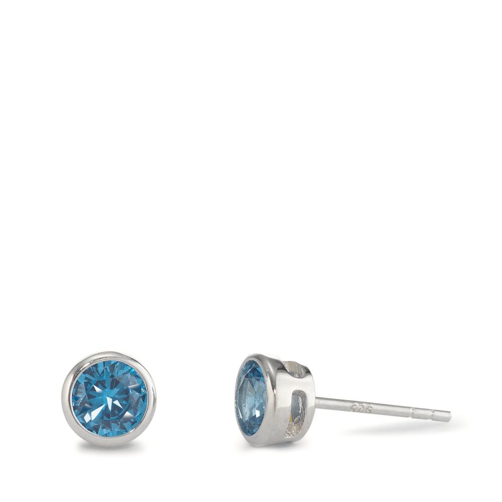 Clous d'oreilles Argent Zircone bleu, 2 Pierres Rhodié Ø6 mm-593842