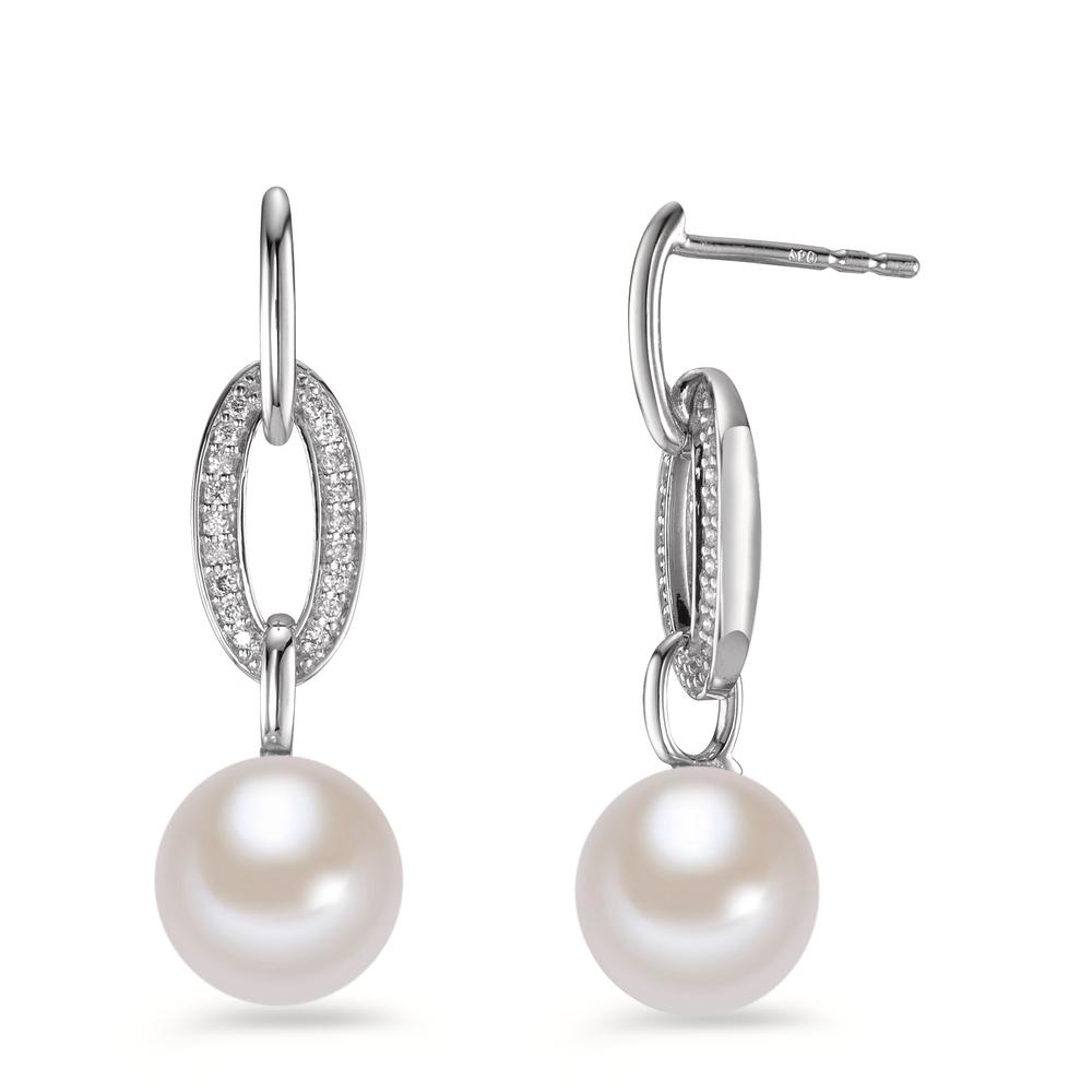 Pendant d'oreilles Or blanc 18K Diamant 0.12 ct, brillant, w-si perle d'eau douce blanc, 2 Perles, 8.5 mm-594931