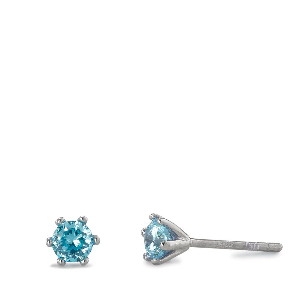 Clous d'oreilles Argent Zircone aqua, 2 Pierres Rhodié Ø4.5 mm-595090