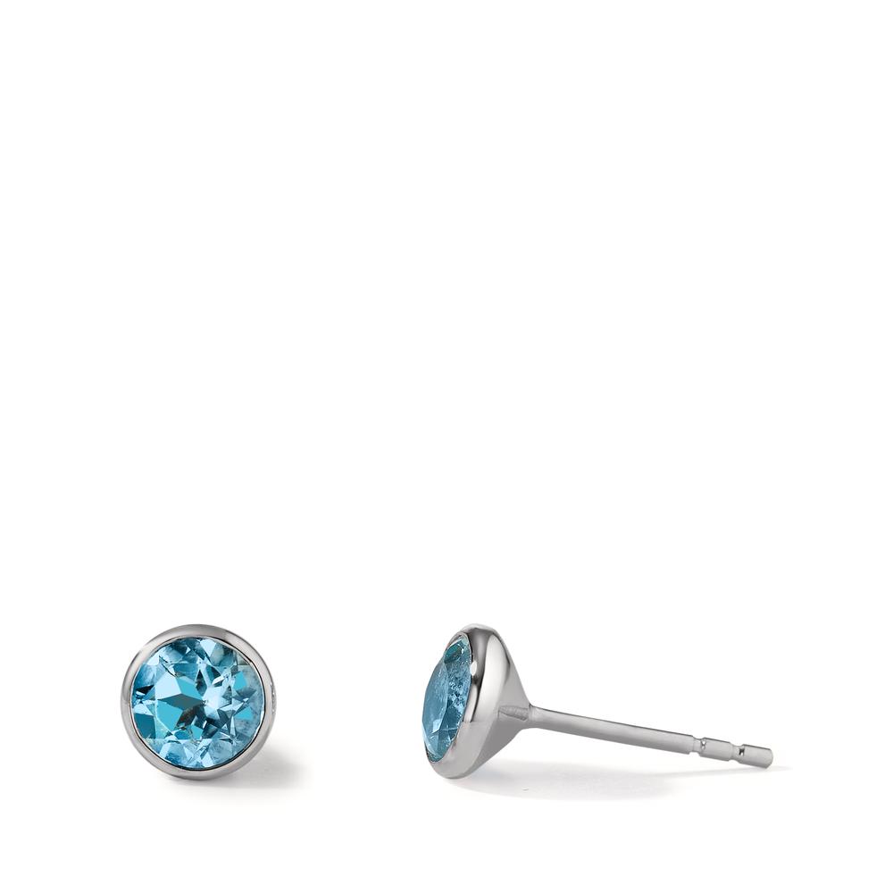 Clous d'oreilles Or blanc 18K Topaze bleu Ø5.5 mm-597632
