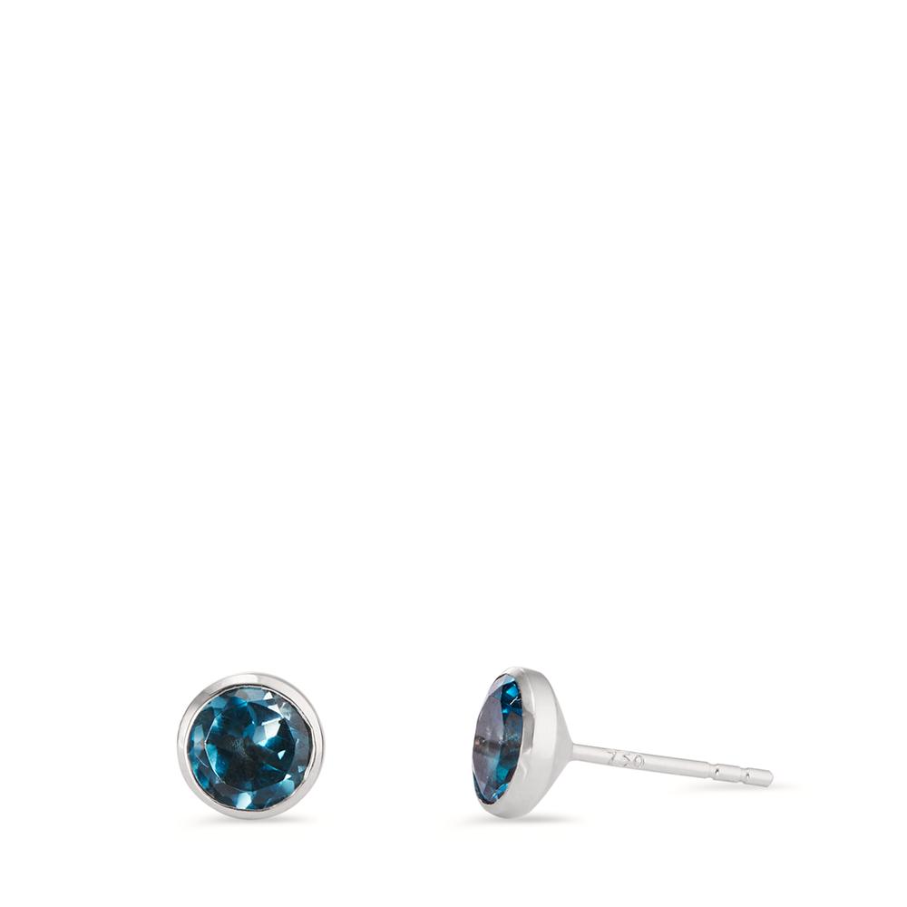 Clous d'oreilles Or blanc 18K Topaze London Blue 2 Pierres Ø6.5 mm-597633