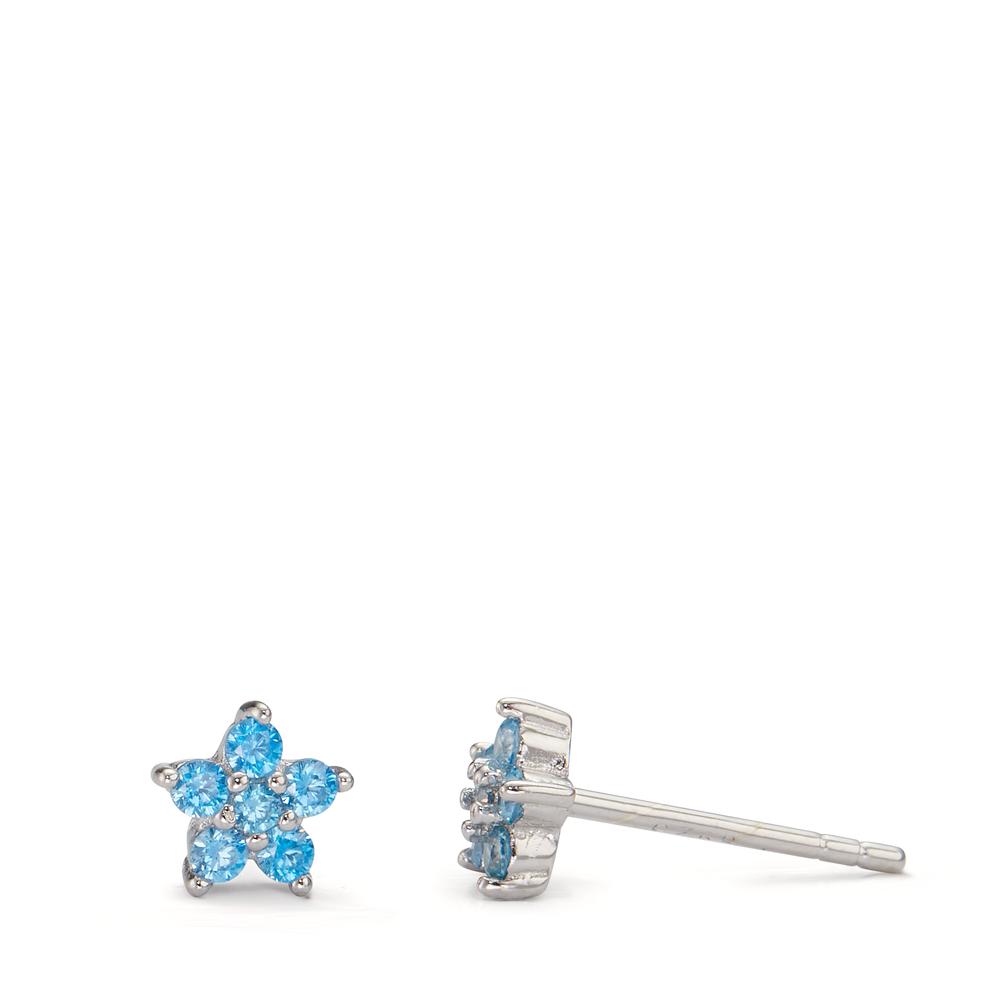 Clous d'oreilles Argent Zircone aqua, 12 Pierres Rhodié Fleur Ø6 mm-598914
