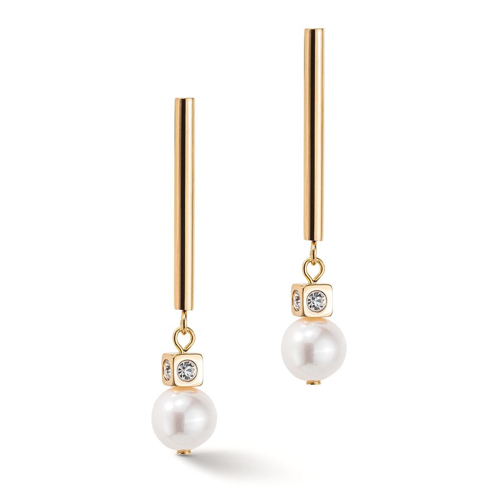 Pendant d'oreilles Acier inoxydable jaune PVD perle d'eau douce blanc, 2 Perles-598993