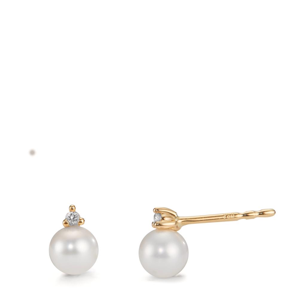 Clous d'oreilles Or jaune 18K Diamant 0.02 ct, 2 Pierres, w-pi1 perle d'eau douce blanc, 2 Perles, 4.5 mm-600732