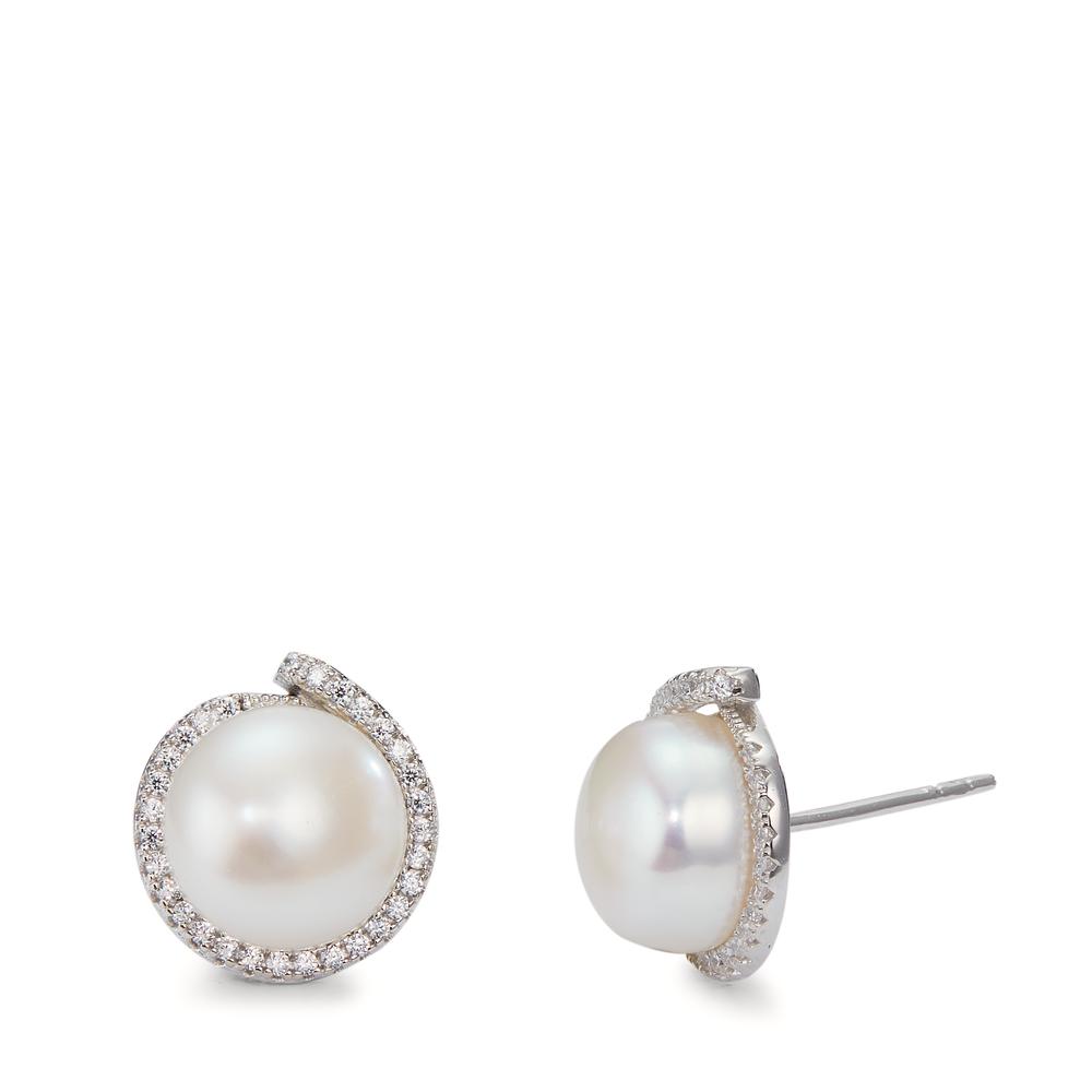 Clous d'oreilles Argent Zircone blanc Rhodié perle d'eau douce blanc, 2 Perles, 9.5 mm Ø13 mm-600979
