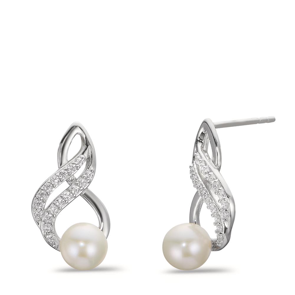 Pendant d'oreilles Argent Zircone blanc Rhodié perle d'eau douce blanc, 2 Perles, 6.5 mm-600990