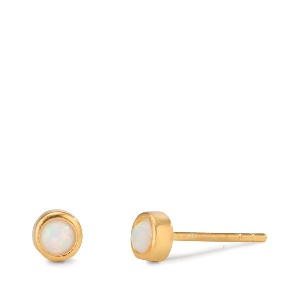 Clous d'oreilles Argent [synth. Opal] blanc, 2 Pierres jaune Plaqué or Ø4.5 mm-601149