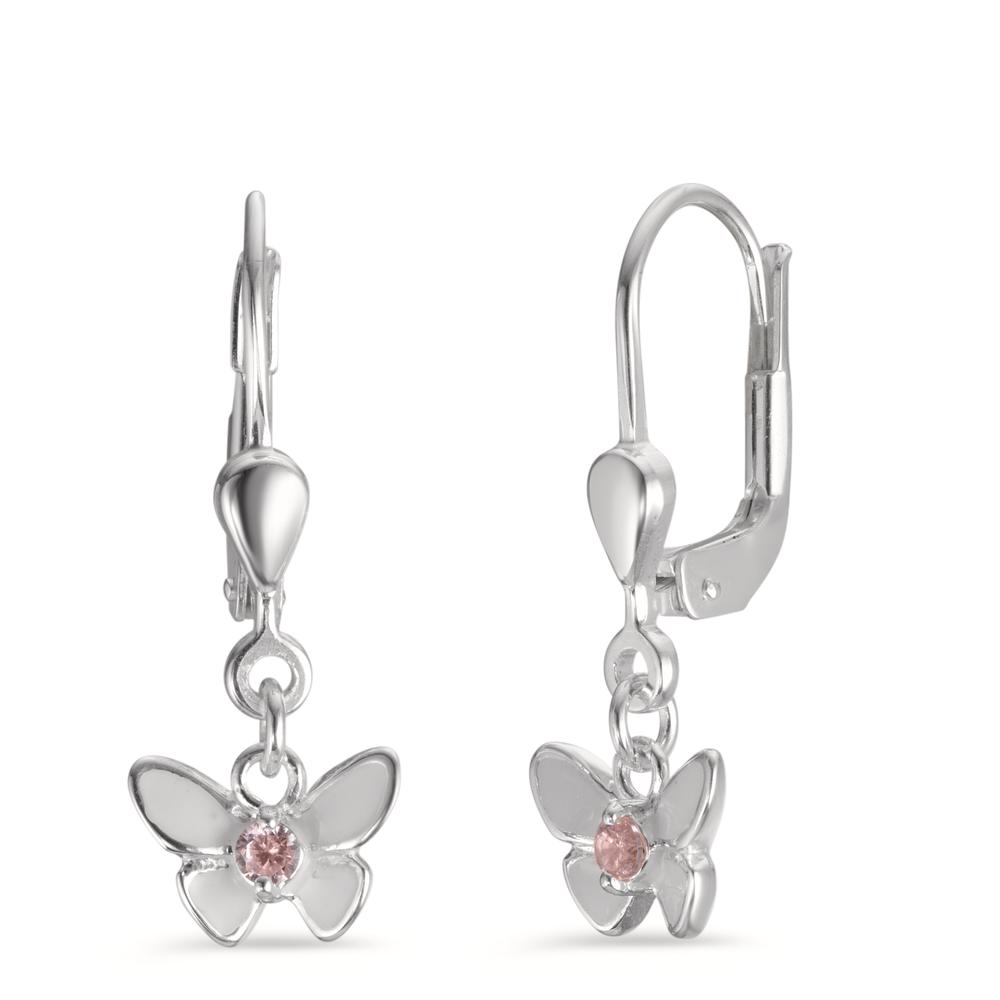 Pendant d'oreilles Argent Zircone rose, 2 Pierres Émaillé Papillon Ø7 mm-601258