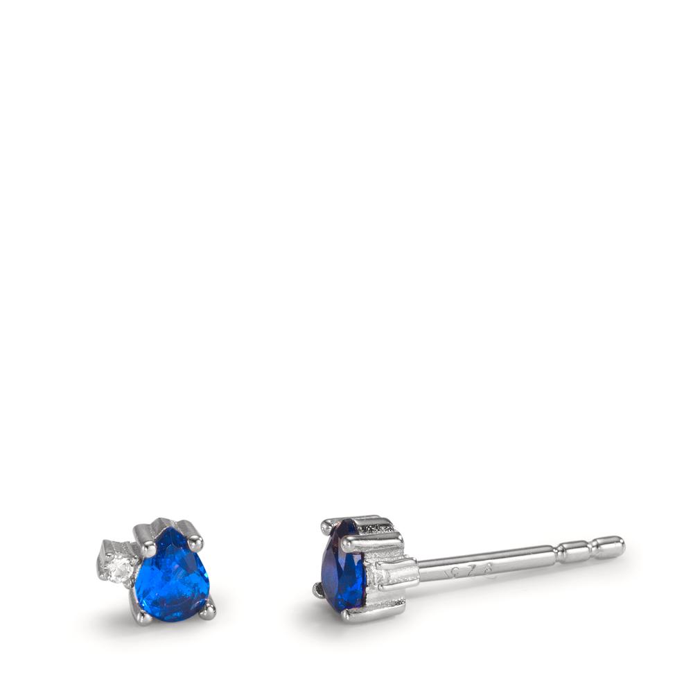 Clous d'oreilles Argent Zircone bleu saphir, 4 Pierres Rhodié Ø4 mm-602390