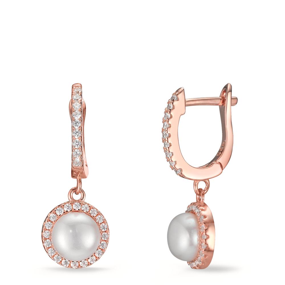 Créoles à charnières Argent Zircone rosé Plaqué or perle d'eau douce blanc, 2 Perles, 6 mm-602838