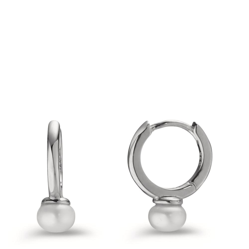 Créoles à charnières Argent Rhodié perle d'eau douce blanc, 2 Perles, 5.5 mm-602864