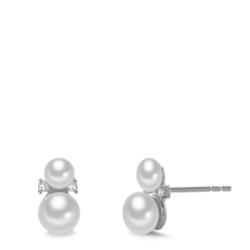Clous d'oreilles Argent Zircone 4 Pierres Rhodié perle d'eau douce blanc, 4 Perles-603030