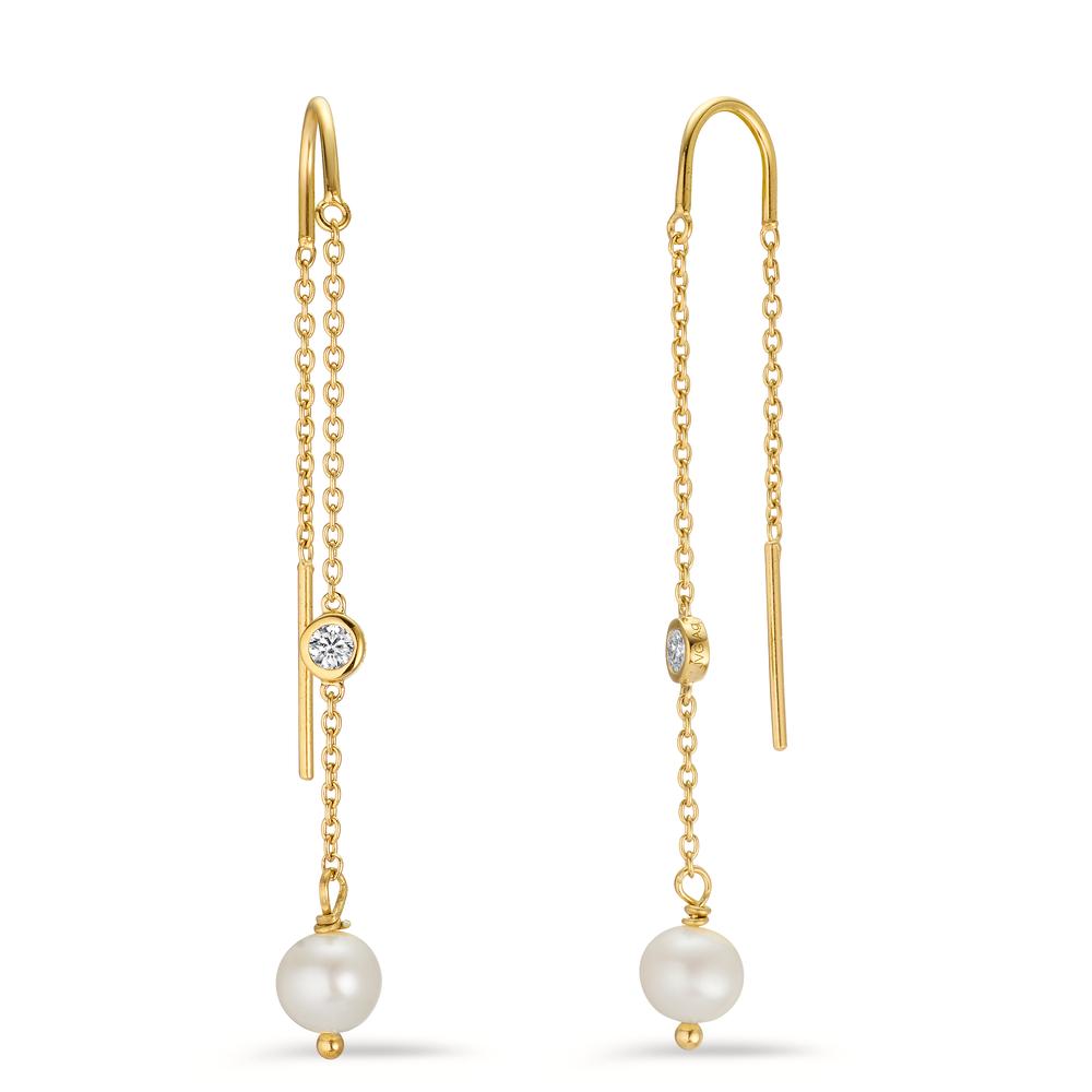 Boucles d'oreilles pendantes Argent Zircone 2 Pierres jaune Plaqué or perle d'eau douce blanc, 2 Perles, 6 mm-604752