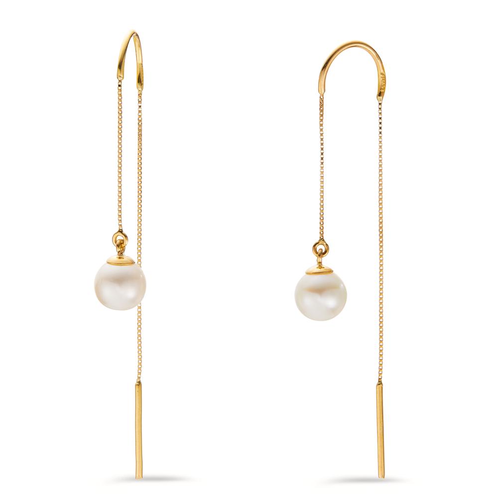 Boucles d'oreilles pendantes Or jaune 18K perle d'eau douce blanc, 2 Perles, 5.5 mm-605612