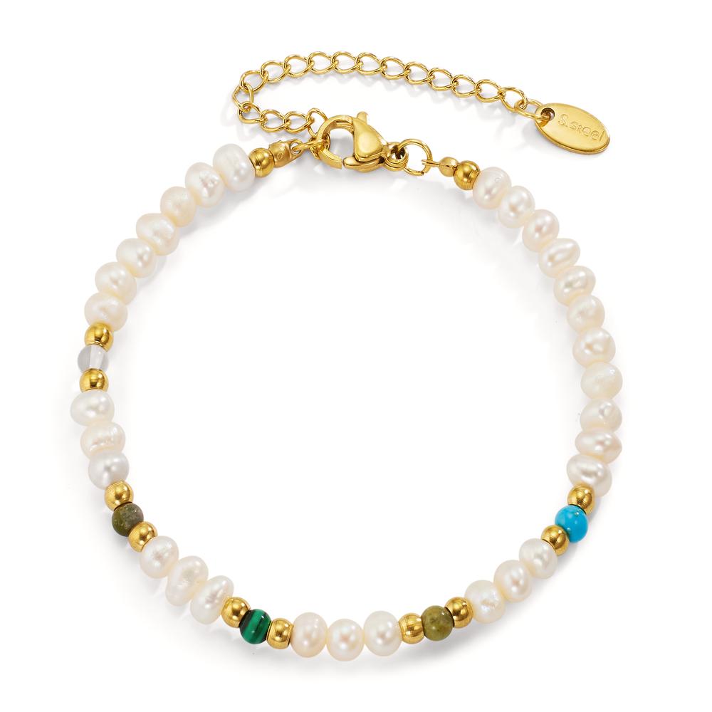 Bracelet Acier inoxydable [synth. Stein] 5 Pierres jaune PVD perle d'eau douce 17-22 cm-606295